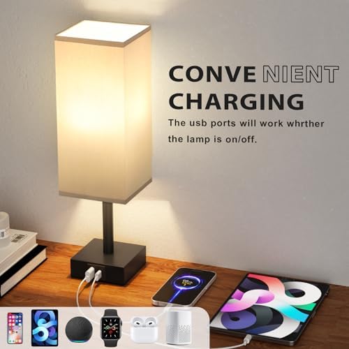 Aooshine Grey Bedside Lamps Set of 2, 3-Way Dimmable Table Lamp with USB-C+A Charging Ports,Lamps for Bedroom with Grey Linen Fabric Shade(Bulbs Included)