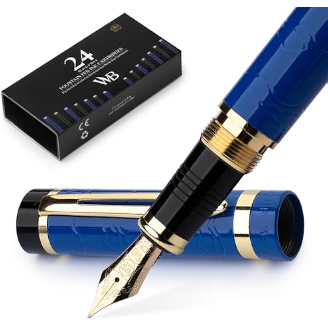 Wordsworth & Black Primori Fountain Pen Set [Blue Gold]; Extra Fine Nib, Gift Case, 24 Ink Cartridges, Refill Converter, Manual; Journaling, Calligraphy, Smooth Writing Pens; Left and Right Handed