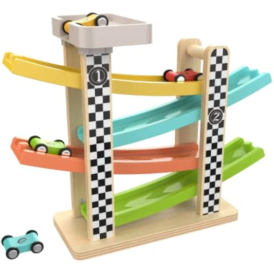 Top Bright Wooden Race Track Car Ramp Racer for 1 2 Year Old Boys Girls Gifts Presents, Toddler Toys with 4 Mini Cars