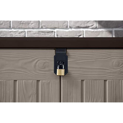 Keter Store It Out Pro Outdoor Garden Furniture Storage Shed Beige with Brown Lid Fade Free All Weather Resistant Safe and Secure Zero Maintenance 5 year Warranty