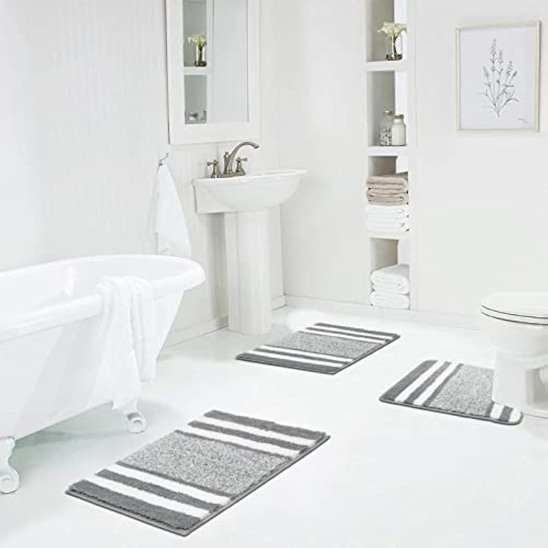Pauwer Bath Mat Set 3 Pieces Bathroom Mat and U-Shape Toilet Mat Set Microfiber High Density Soft Water Absorbent Bath Rug Non slip Shower Rugs for Bathroom