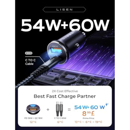 LISEN Car Charger Adapter USB C 54W 12V USB Socket [USBC 36W+QC18W] 60W USB C Cable PD3.0 Car Phone Charger Cigarette Lighter USB Charger for iPhone 16 Pro Samsung S25 Ultra Camping Car Accessories