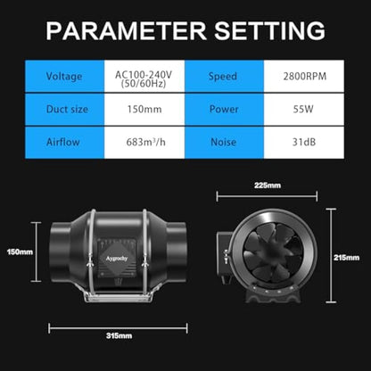 Aygrochy 6 inch wifi APP inline fan with Temperature and Humidity controller, Extractor Fan for Booster, Growth Tents, Ventilation and exhaust fan.