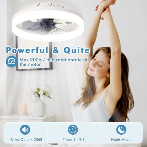 MOSSCO Ceiling Fans with Lights and Remote, LED Dimmable 3 Colour 6 Speeds Reversible Fan Light, Modern Fan Lights Ceiling for Bedroom, Flush Mount Low Profile Ceiling Fan Light White 40CM