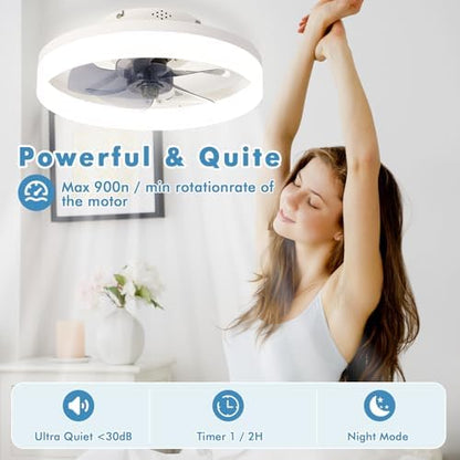 MOSSCO Ceiling Fans with Lights and Remote, LED Dimmable 3 Colour 6 Speeds Reversible Fan Light, Modern Fan Lights Ceiling for Bedroom, Flush Mount Low Profile Ceiling Fan Light White 40CM