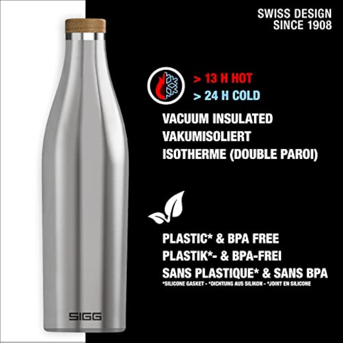 SIGG - Insulated Water Bottle - Meridian - Leakproof - Extra Slim - BPA Free - Plastic Free - Double Walled 18/8 Stainless Steel - Bamboo Screw Top - Brushed - 0.7 L