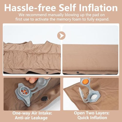 BISINNA Self-Inflating Camping Mat with Air Pillow – 3cm/5cm Thick, Snap-Buckle Design, Khaki/Olive Green, Compact & Lightweight