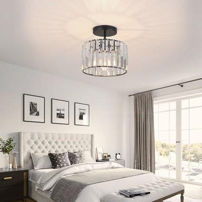 ZYDTRIP Crystal Ceiling Light Fixture Semi Flush Mount Ceiling Lamp Modern Black Crystal Chandelier for Living Room Hallway Dining Room Kitchen