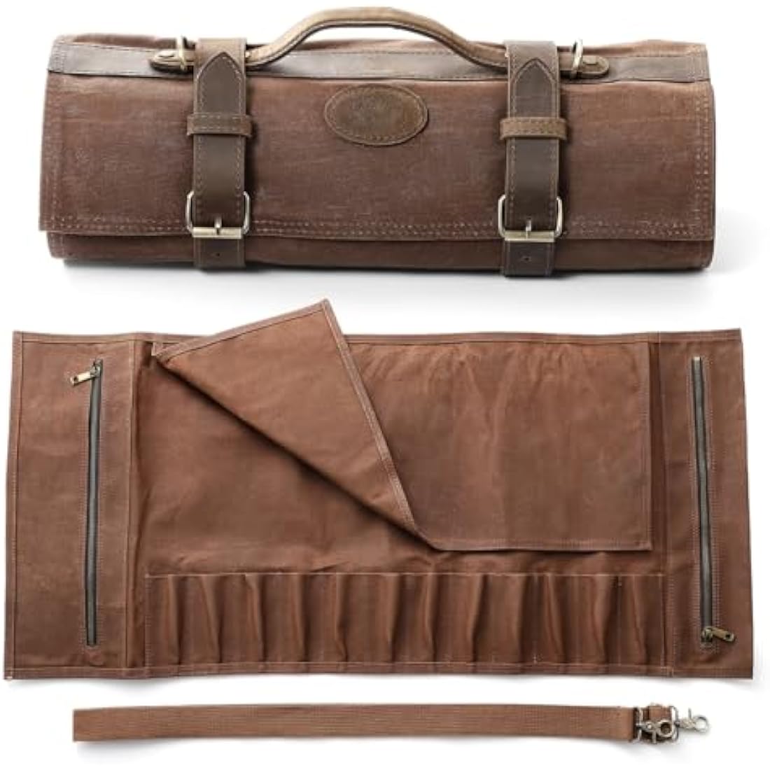 XINZUO Chef Knife Roll Bag-Professional Chef Knife Case-16oz Waxed Canvas and Crazy Horse Leather -with 12 Slots Plus 2 Zipper Pockets to Hold Kitchen Cooking Tools-Travel Tool Roll Pouch(Bag Only)
