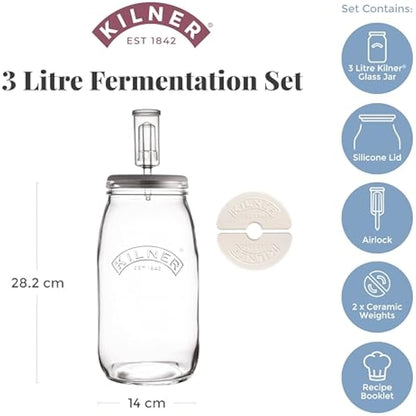 Kilner 3 Litre Fermentation Set Airtight Glass Jar with Silicone Lid, Air Lock, Ceramic Weights & Recipe, Booklet Ideal for Sauerkraut, Kimchi & Pickles