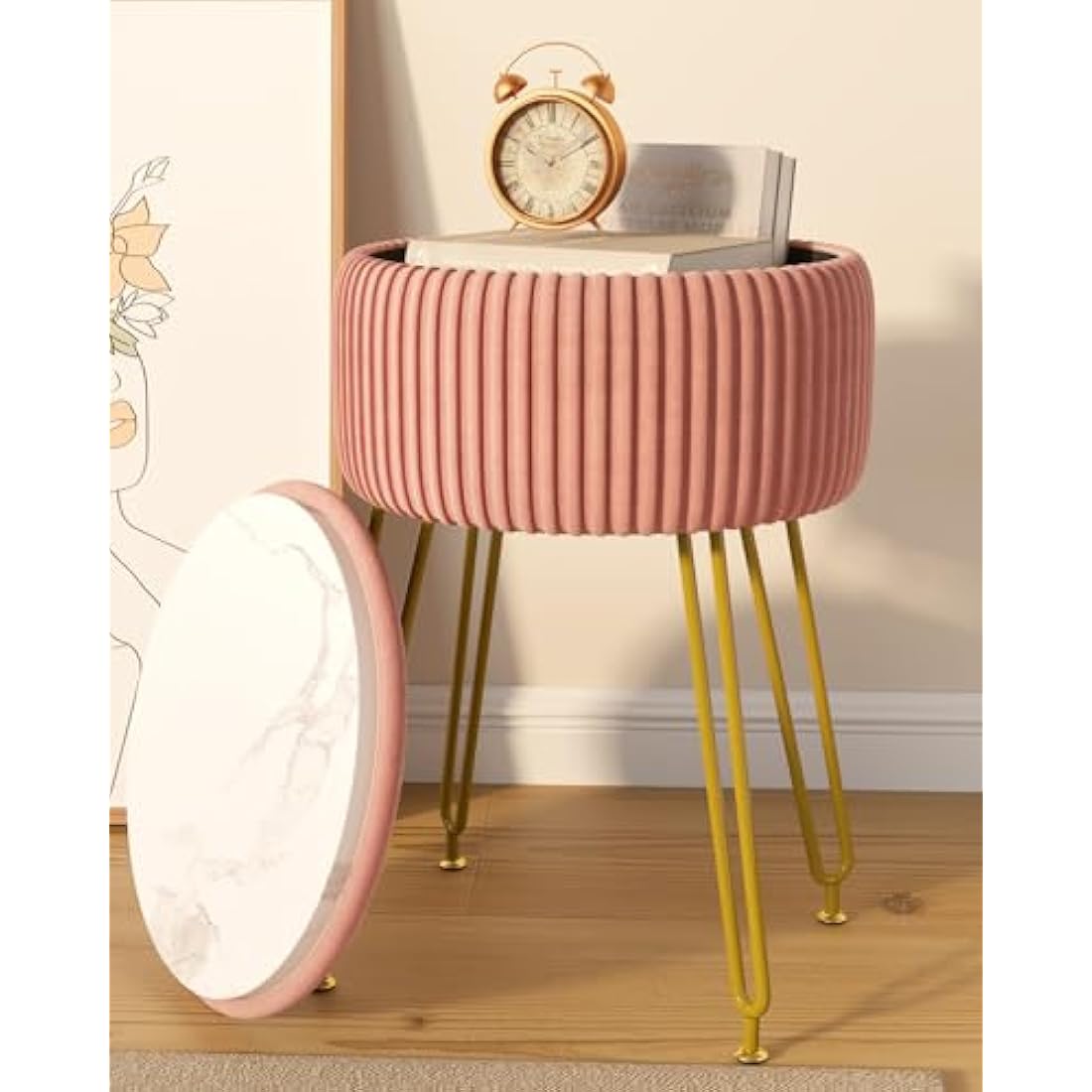 IBUYKE Velvet Storage Footrest Stool Ottoman, Makeup Vanity Stool Side Table with Golden Steel Legs Removable Cover, Coffee Table Top Cover, Pink L/G-20P