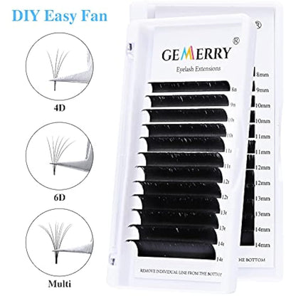 Gemerry Easy Fan Lash Extensions D curl 0.05mm 8-14mm Mixed Tray Noir Russian Volume Automatic Blooming Self Fanning Lashes Long Individual Volume 3D 4D 5D 6D 8D Lash Fan (0.05-d curl-mix 8-14mm)