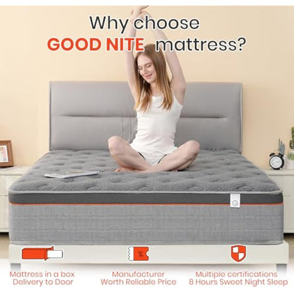 Good Nite Single Mattress Pocket Springs 3FT 10 Inch Hybrid Medium Firm Bed 90x190x25cm with 9-Zone Support Reinforced Edges Breathable Grey Knit Fabric Mattress in a Box
