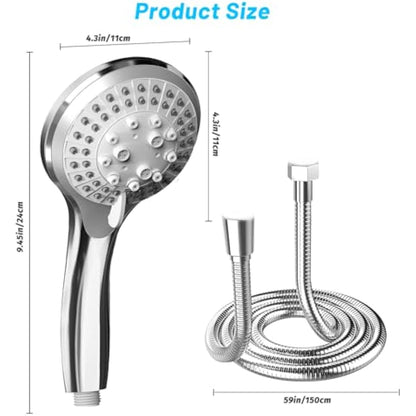 VEHHE Shower Head Powerful Flow with 1.5m Chrome Hose Pressure Boosting Shower Head Spray with 5 Modes Water Saving Bathing for Adults Children Pets Home and Gym Use