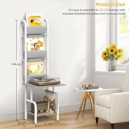 Bikoney Vinyl Record Storage with Player Stand, Turntable Stand and Display Shelf for Up to 200 Albums, Vinyl Record Holder Cabinet with Wall Mount for Living Room or Bedroom White