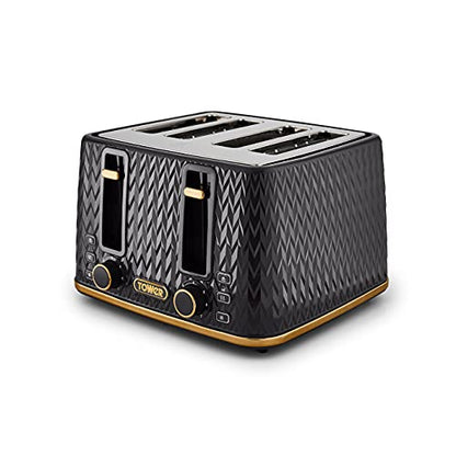 Tower T20061BLK Empire 4-Slice Toaster with Defrost/Reheat, Removable Crumb Trays, 1600W, Black and Brass