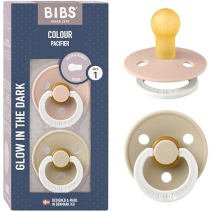 BIBS Colour Glow Soother 2-Pack, Glow in The Dark BPA Free Dummy Pacifier, Round Nipple. Natural Rubber Latex, Size 1 (0-6 Months), Blush Night/Vanilla Night