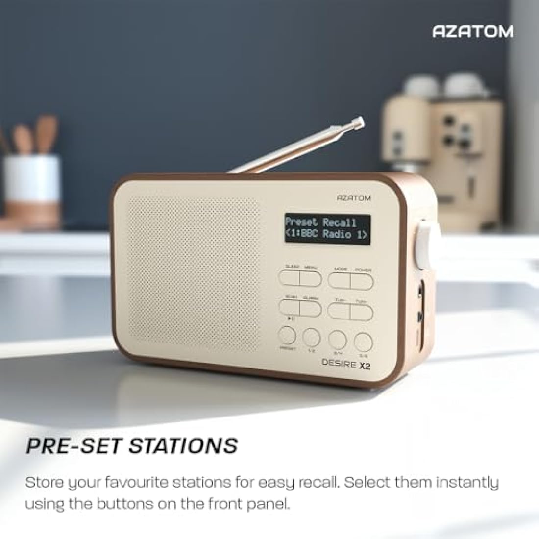 DAB/DAB+ & FM Portable Digital Radio | Simple Controls | Dual Alarms & Sleep Timer | Battery & Mains Powered (4x”AA”) | Bluetooth | Perfect for Home, Office or Outdoors | AZATOM Desire X2 (Walnut)