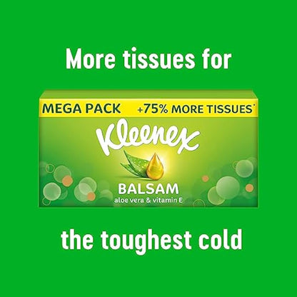 Kleenex® Balsam Extra Large Tissues in 16 Compact Boxes - Protect and Soothe Your Nose When You've Got a Cold - BalmCare with Aloe Vera, Vitamin E and Calendula, 640 Tissues (16 Boxes)