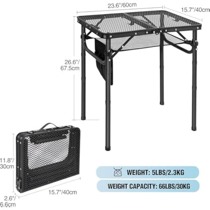 REDCAMP 2ft Folding Camping Table for Outside, Lightweight Aluminum Portable Folding Table for Cooking BBQ,Metal Grill BBQ Table Easy to Assemble with Adjustable Heights Legs,Black 60cm x 40cm