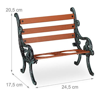 Relaxdays Mini Flower Bench, Wood & Cast Iron, Flower Holder for 2 Pots, Garden Decoration, Brown/Grey-Green