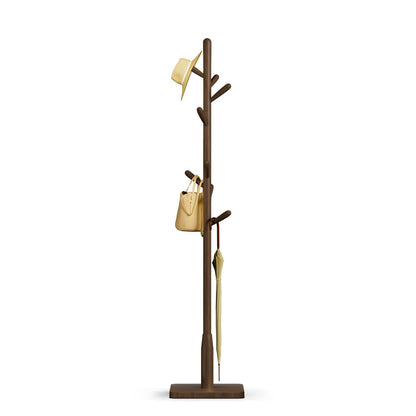 Solid Wood Square Base Coat Rack, Free Standing Hall Coat Tree with 8 Hooks（+2 spare) for Coats, Hats, Bags, Purses, for Entryway, Hallway