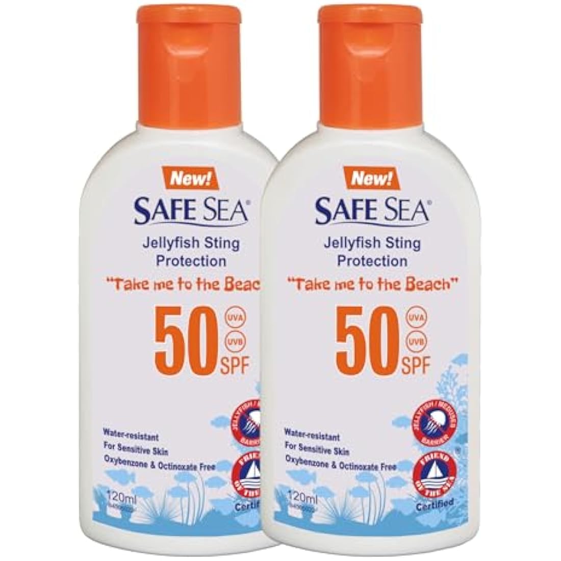 Safe Sea SPF50 Sting Blocking Sunscreen | 120ml Bottle | For Sensitive Skin | Anti Jellyfish Sting Protective Lotion (Pack of 2)