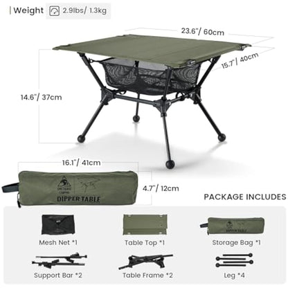 ONETIGRIS Dipper Camping Table, Lightweight Portable Folding Table with Mesh Storage Net, High/Low Options, Ideal for Camping, Hiking, Tailgating, Beach, Picnic, Travel, Backyard