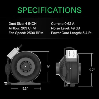 VIVOSUN Inline Duct Fan, 100 mm, 345 m³h with Variable Speed Control for Grow Tent, Ventilation, Plant Tent, Indoor, Garden, Ventilation Fan, Z4 Pipe Fan, Black