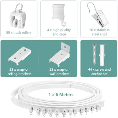 Bendable Ceiling Curtain Track for Bay Window, 20FT/6M Flexible Curved Curtain Rail Ceiling Wall Mount Heavy Duty Plastic Curtain Rails Track System for Bed Room Divider, White
