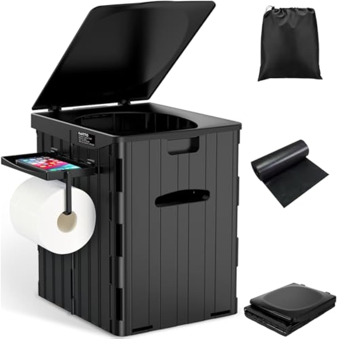 XL Portable Toilet for Adults, Extra Large 15.4" H Foldable Camping with Detachable Phone Shelf and Paper Holder, Waterproof Porta Potty Lid Camping, Hiking, Long Road Trips, Car