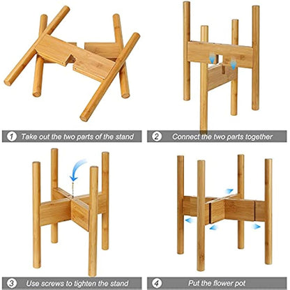 2-Pack Plant Stand, Mid-Century Modern Flower Pot Holder, Flower Pot Holder, Bamboo Adjustable Flower Pot Holder, Indoor Bamboo Modern Plant Holder, Fits Pot Size of 20-30 CM (Plant Pot NOT Included)