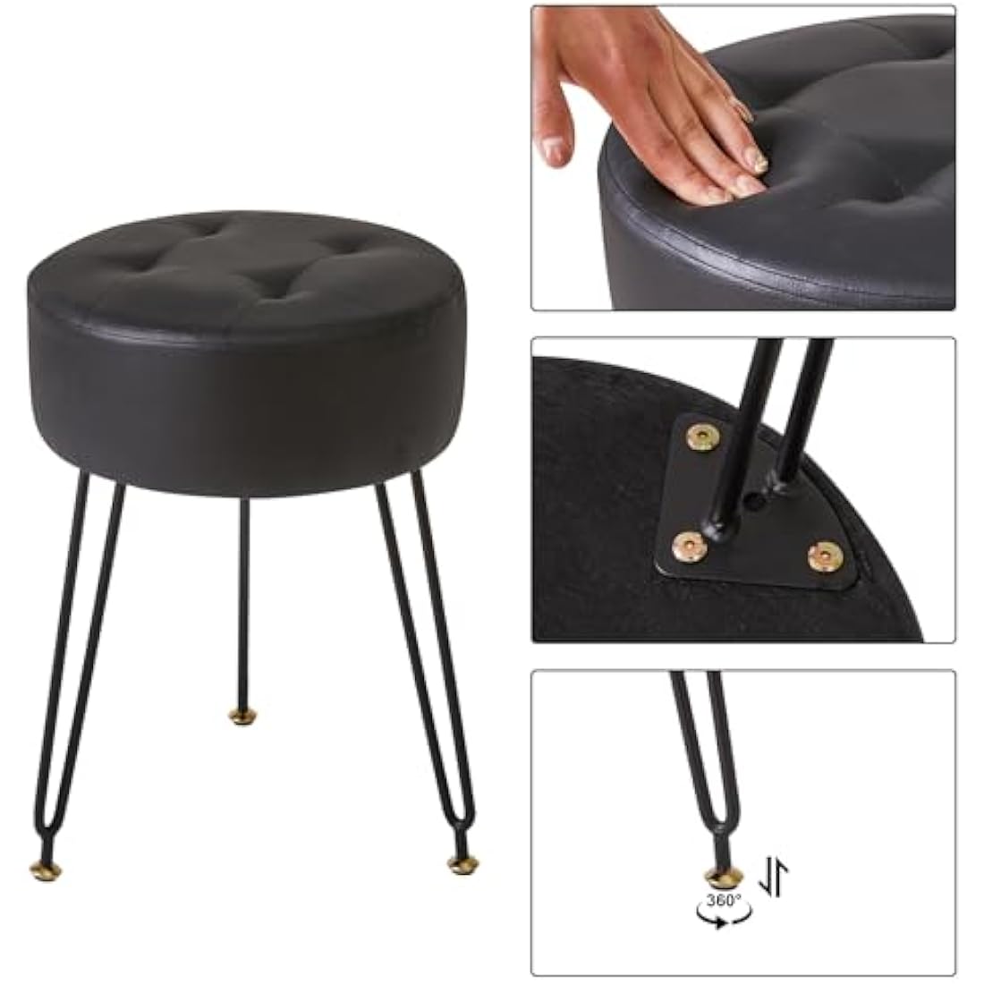 IBUYKE Faux Leather Round Footrest Stool, Makeup Vanity Stool Side Table, PU Dressing Table Seat, Pouf Couch Stool, Golden Steel Legs, Black L/G-31B