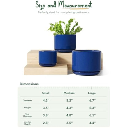 LE TAUCI Plant Pots, 11+13+17 cm Ceramic Planters, Set of 3 Flower Pots with Drainage Hole and Saucer, Indoor Plant Pot with Hole Mesh Pad, Gifts for Mom, Sapphire Blue