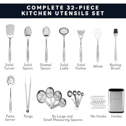 Kitchen Utensils Set - Non-Stick Heat Resistant Cooking Utensils Set - Spoons Turners Spatula Ladle Set - Kitchen Tools Gadgets Accessories (32 pcs Stainless Steel Set)