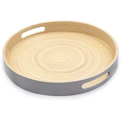 Dehaus® Stylish Wooden Bamboo Tray - Grey Large - Luxury Round Wood Lap Trays for Eating Dinner, Tea and Coffee Tray, Bar Drinks or Food Serving Trays with Handles - Eco Friendly