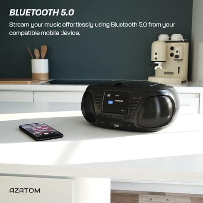 Portable CD Player with DAB/DAB+/FM Digital Radio | Bluetooth & USB MP3 Player | Large Display | Battery & Mains Powered (6x”C”) | Perfect for Home, Office or Outdoors | AZATOM Zenith Z4 (Black)