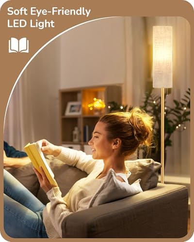 EDISHINE Floor Lamp, Standing Lamp with Rounded Linen Lampshade, Floor Lamps for Living Room, Bedroom, 165cm, E27 Socket(9W LED Dimmable Bulb Included), Magnetic Remote Control, Gold