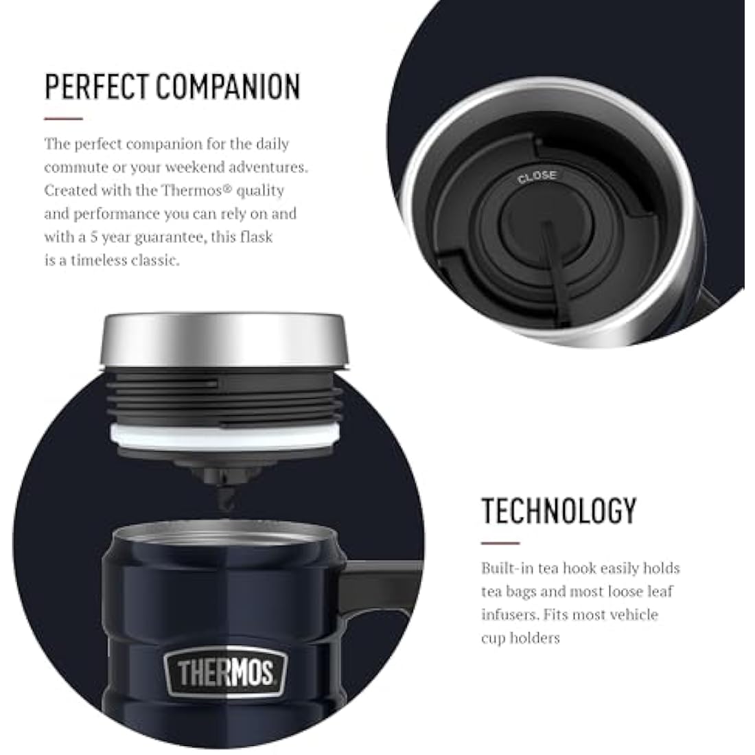 Thermos Stainless King Midnight Blue Travel Mug (470ml), Reusable Insulated Stainless Steel Coffee Cup for Hot or Cold Drinks, Vacuum Sealed Water Flask with a Leak-Proof Lid, 7hr Hot/18hr