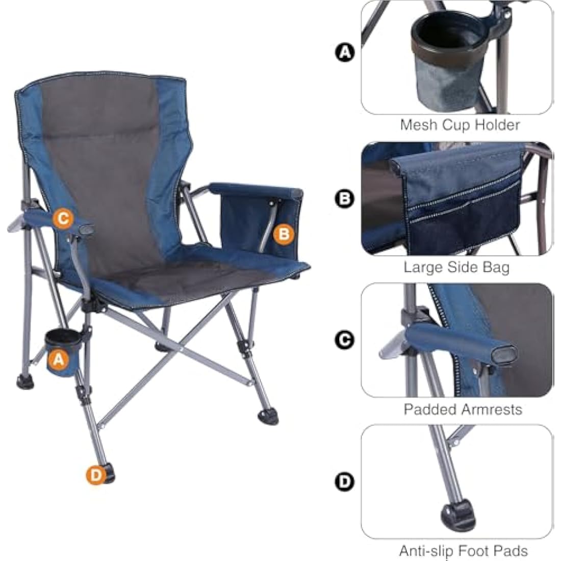 REDCAMP Oversized Folding Camping Chair for Heavy People 200kg, Deluxe Large Heavy Duty Garden Chair for Adults Outdoor Travel Picnic Fishing, Blue