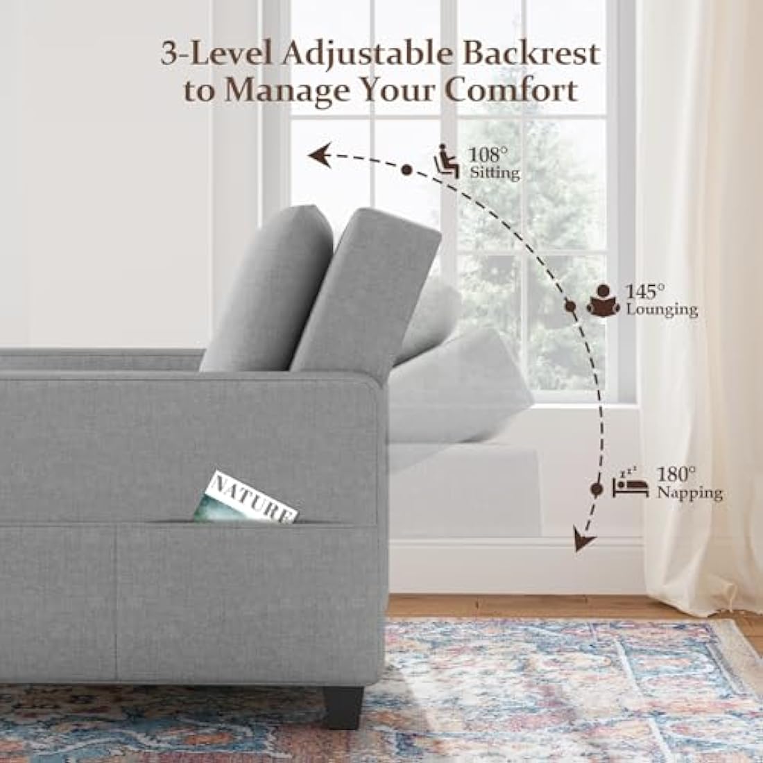 Vesgantti 3 in 1 Sofa Bed Light Grey, Convertible Sleeper Chair Bed with Adjustable Backrest, Fabric Single Sofa Bed Chair with Side Pockets, Foldable Sofa Bed, Pull Out Sofa Bed for Living Room