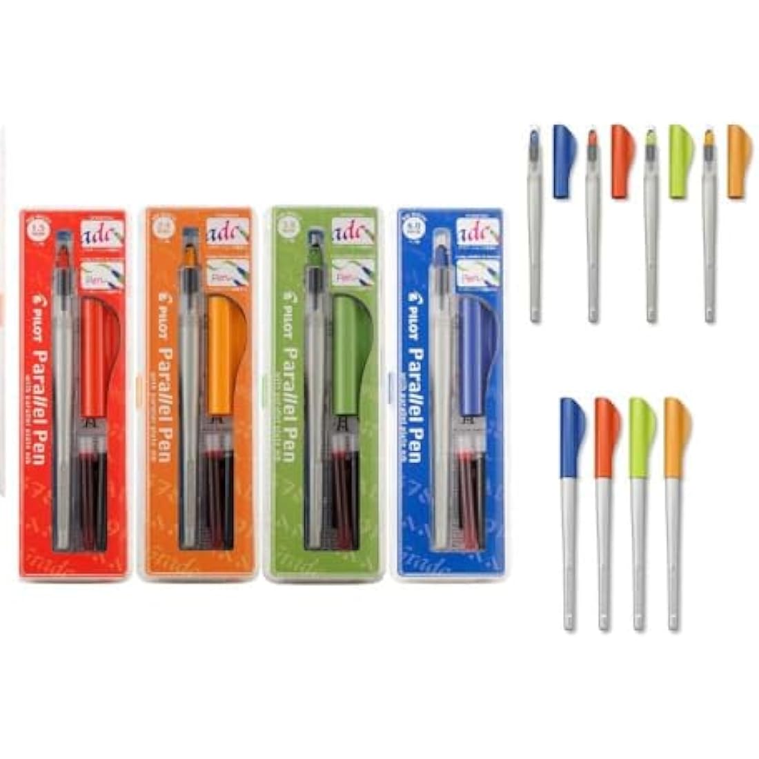 Set of 4 Parallel Pen Cases: 1.5 mm + 2.4 mm + 3.8 mm + 6 mm + 12 Assorted Colours + 6 Black Cartridges + 1 Blumie Adhesive Index