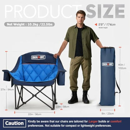 OVERMONT Oversized XL Camping Folding Chair for Adults - 450lbs Support Heavy-Duty Padded Folding Chair with Side Pocket Cup Holder for Outdoor Sports Garden Beach Fishing Lawn Blue