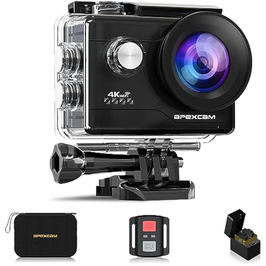 Apexcam 4K Action Camera 20MP 40M Waterproof Sports Camera for Vlog With Ultra HD 170°Wide-Angle 2.4G Remote Control 2 Rechargeable Batteries 2.0'' LCD Screen and Accessories Kit
