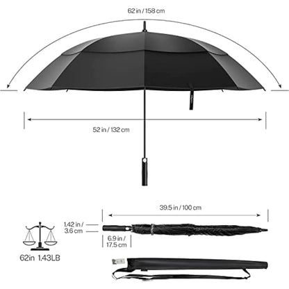 KOLER Golf Umbrella 62 Inch, UV Sun Protection Large Umbrellas Double Vented Canopy Auto Open, Windproof & Rainproof & Sunproof Extra Oversize Golf Stick Umbrella for Men and Women - Black