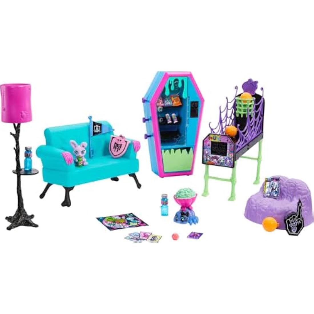 Monster High Student Lounge Playset, Doll House Furniture and Themed Accessories with Two Pets and Working Vending Machine