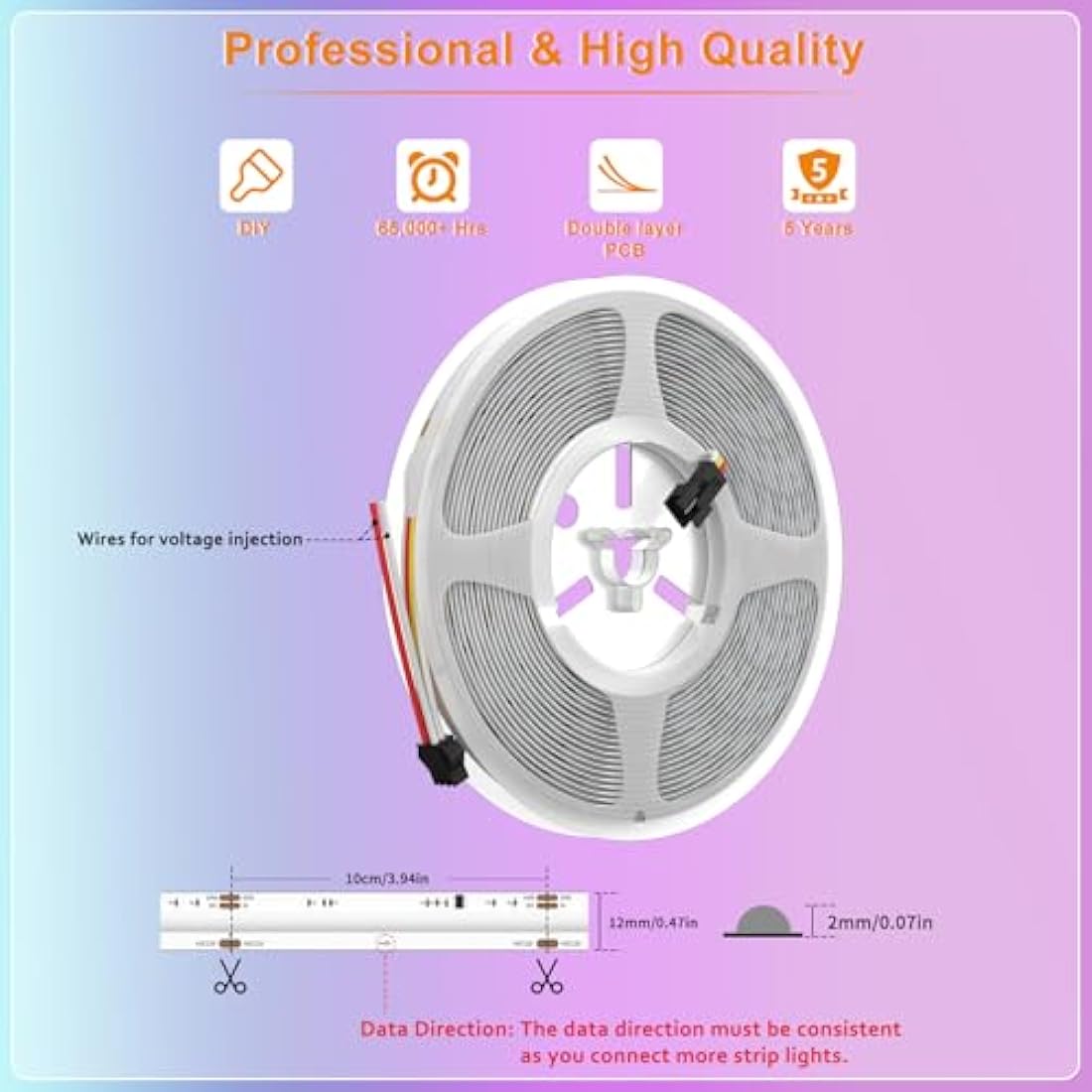 PAUTIX RGB Smart IC COB LED Strip 5M,DC24V Colour-Changing Pixel Addressable RGB LED Tape Lights,Multicoloured Flexible Lights for Home DIY Lighting Projects(Mains and Remote NOT Included)