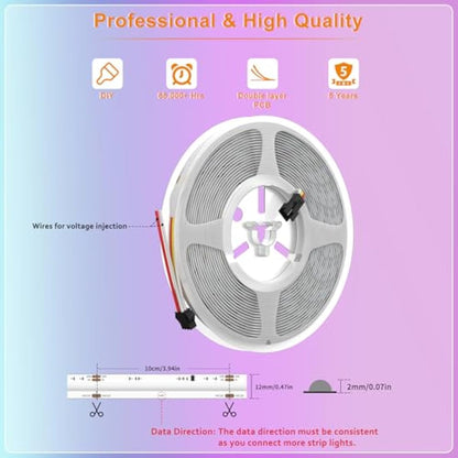 PAUTIX RGB Smart IC COB LED Strip 5M,DC24V Colour-Changing Pixel Addressable RGB LED Tape Lights,Multicoloured Flexible Lights for Home DIY Lighting Projects(Mains and Remote NOT Included)