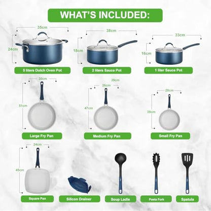 NutriChef, Stackable Pots and Pans Set - Ceramic Non Stick Pan Set, Induction Hob Cookware Set, Premium Cooking Set w/Lids, Heat Resistant, 14 Pcs, Blue