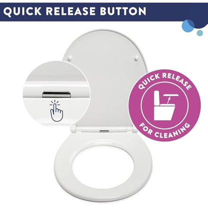 Croydex Capri Oval Toilet Seat Soft Close and Quick Release Button - with Adjustable Hinges to Fit All Standard Toilets, Heavy Duty White Polypropylene, Bottom Fixing